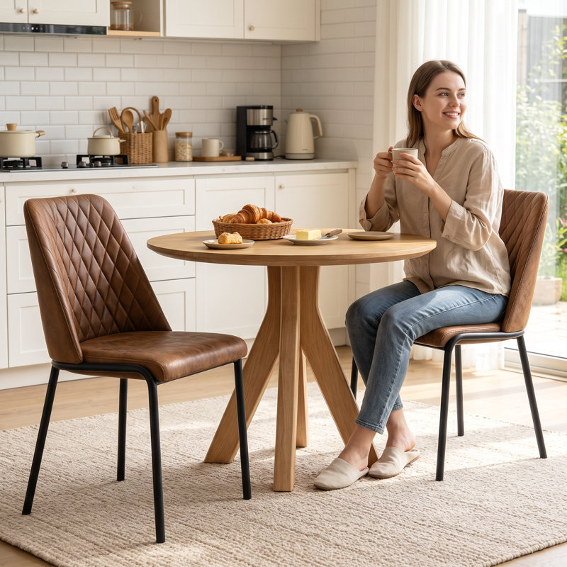 Modern Linen/Suede Upholstered Dining Chairs Diamond Quilted with Black Metal Legs (Set of 2/4), Brown Suede, 4
