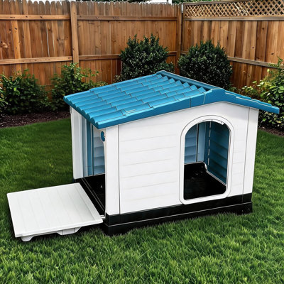 Spacious 2-Door Dog House with Fold-Out Porch – Waterproof Elevated Base, Easy Assembly, Durable Indoor/Outdoor Kennel – Large Blue for Small & Medium Dogs