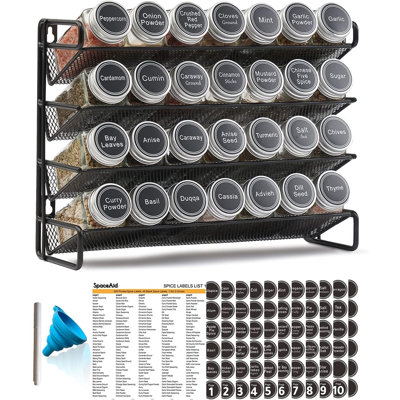 Spice Rack Organizer with 28 Spice Jars, 386 Spice Labels, Chalk Marker and Funnel Set for Cabinet, Countertop, Pantry