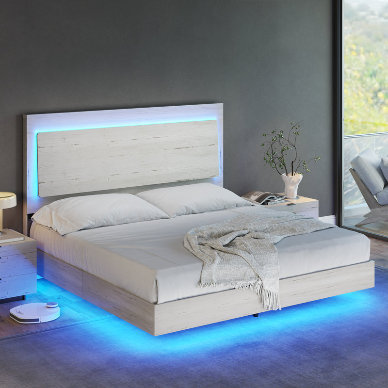 Queen White Distressed Wood Floating Bed with LED Light