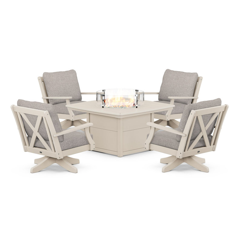 Braxton 5-Piece Deep Seating Swivel Conversation Set with Fire Pit Table, Sand, Natural Linen