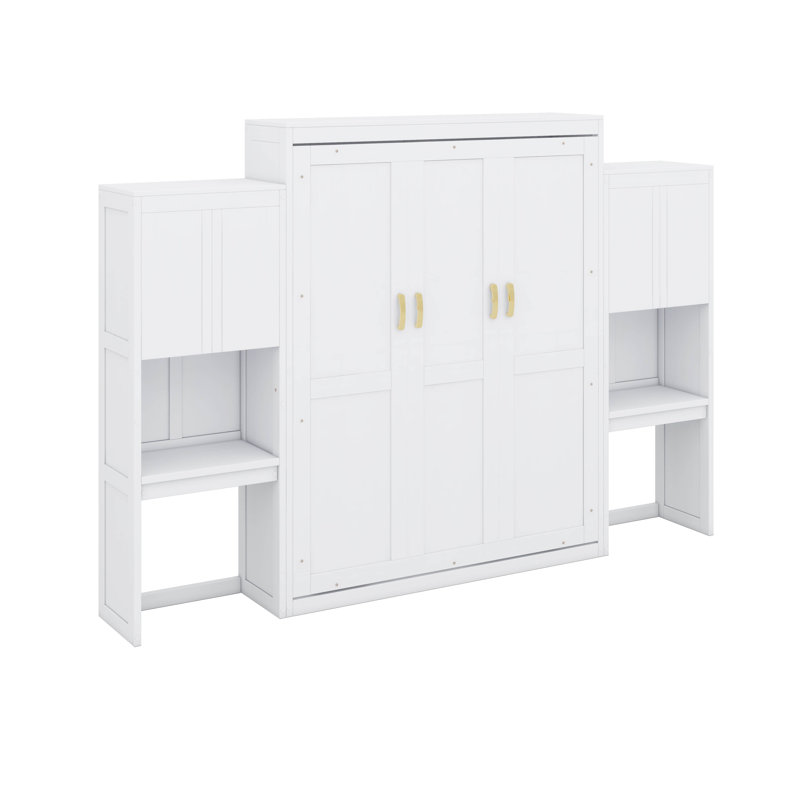 Grand lit escamotable avec bureau, coiffeuse et armoires, Blanc