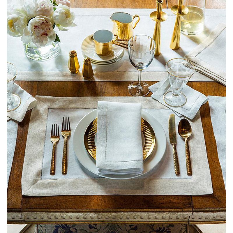 Filetto Linen Square Napkins, White/Gold