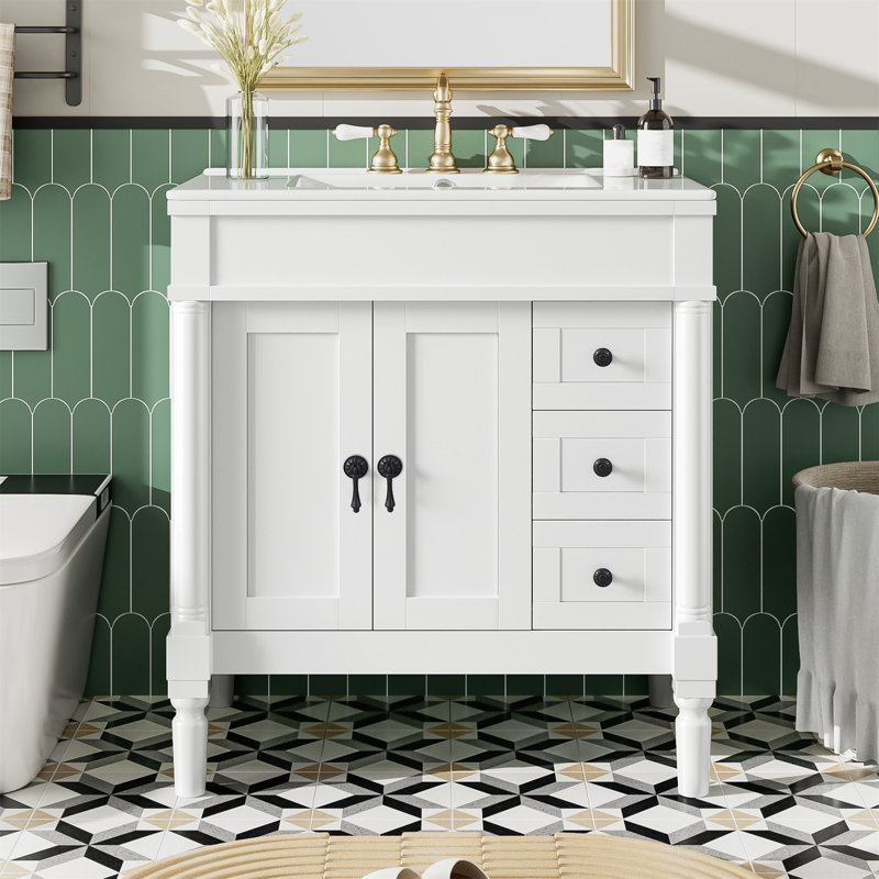 30"W Freestanding Bathoom Single Vanity with Ceramic Top, Drawr and Soft-Close Cabinet, White/Black