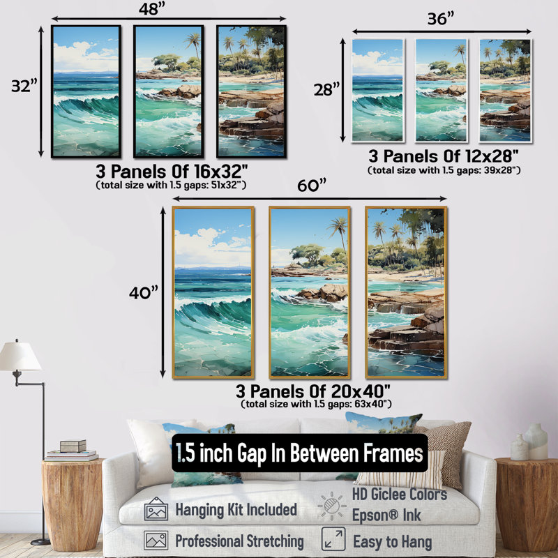 Ensemble d'art mural turquoise "Palmiers tropicaux I" - palmiers et palmiers, Cadre flottant doré, H 32 po x l 48 po x P 1 po