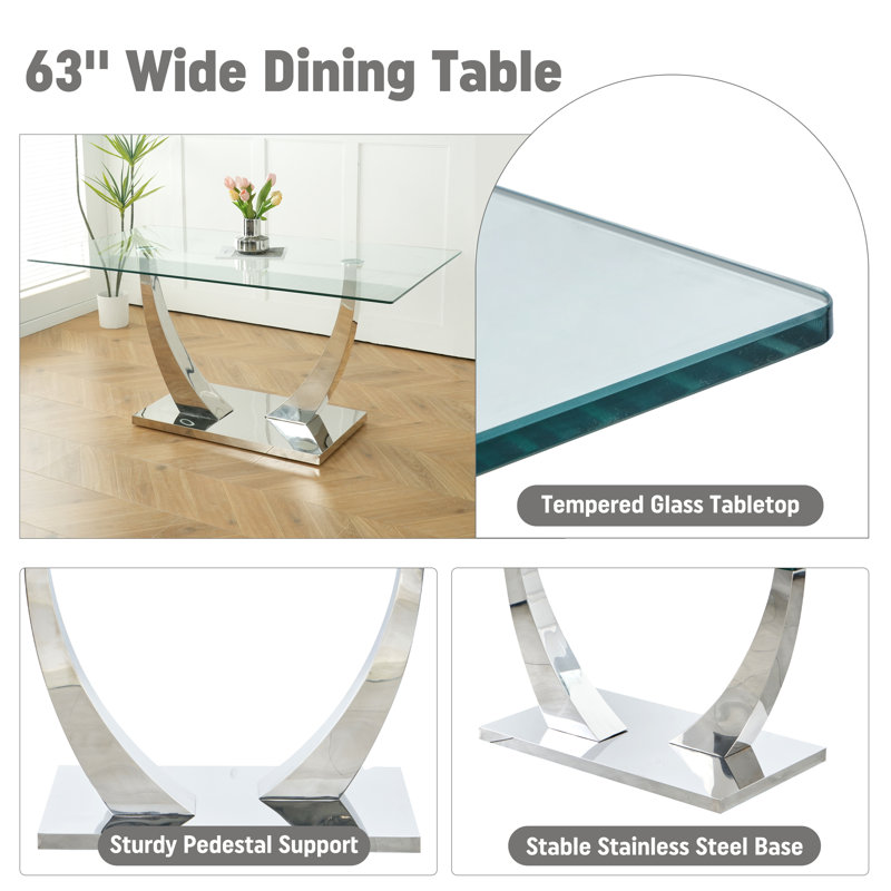 Kazandra 6 - Person Pedestal Dining Set, 30"H x 63"L x 35.4"W, Silver, Gray