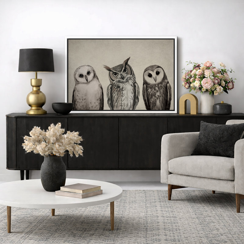 "Bird Birds", variété de chouettes, encadrée sur toile, H 16 po x l 24 po x P 1,5 po, Blanc