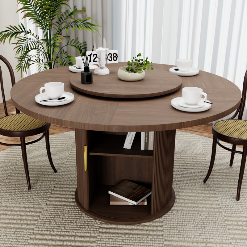 6-Person Walnut Wood Round Dining Table With A Tabletop Tray And Hidden Shelves, Brown Wood