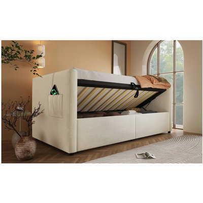 Upholstered Twin Size Daybed, Hydraulic Storage Twin Bed Frame with USB & Type-C Charging, Bed Frame with Wooden Slats and Tufted Sofa Back, Beige, Velvet (Without Mattress)