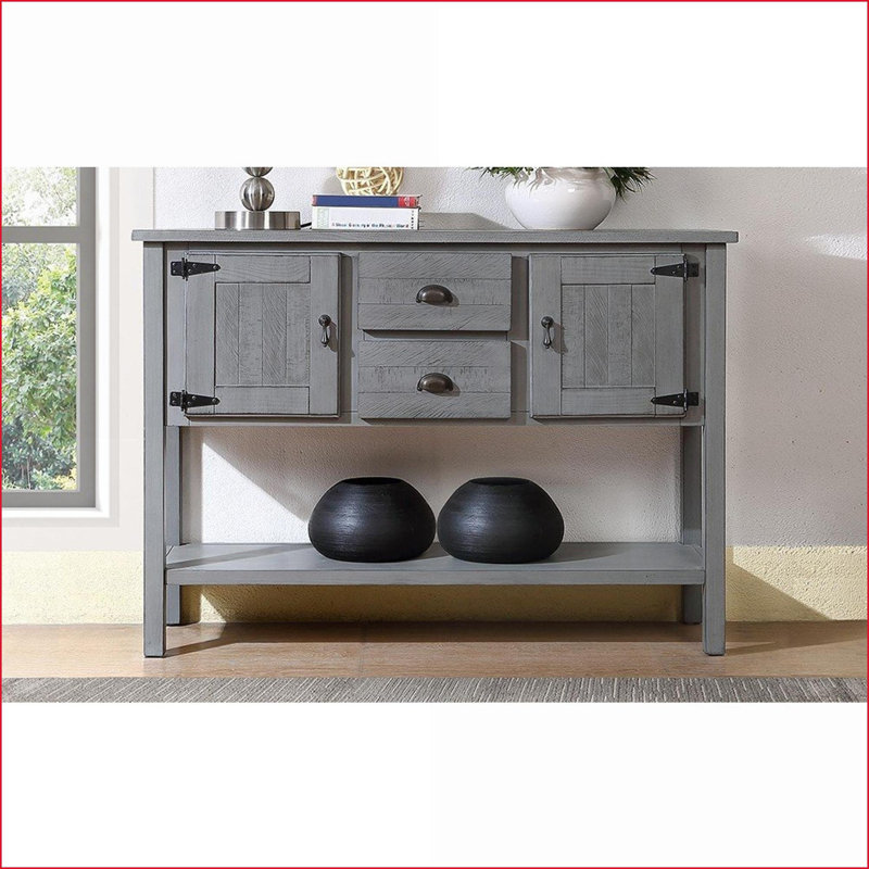 Buffet console en pin massif 48 po rétro avec 2 tiroirs / armoires / tablette inférieure, gris antique | Finition patinée | Pin