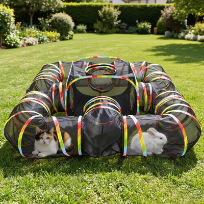 5-in-1 Outdoor Cat Enclosure with Tunnels & Tent | Portable Pop-Up Catio Playpen for Small Cats, Ferrets & Guinea Pigs | Breathable Mesh & Oxford Fabric | 30+ Sq. Ft. Interconnected Play Space