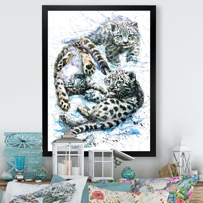 Petits léopards des neiges - Peinture, Cadre photo noir, H 20 po x l 12 po x P 1 po