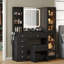 Dressing Table with LED Mirror, 6 Drawers, 2 Cabinets and 3 Open Shelves, Power Outlet, Glass Top-1871454278