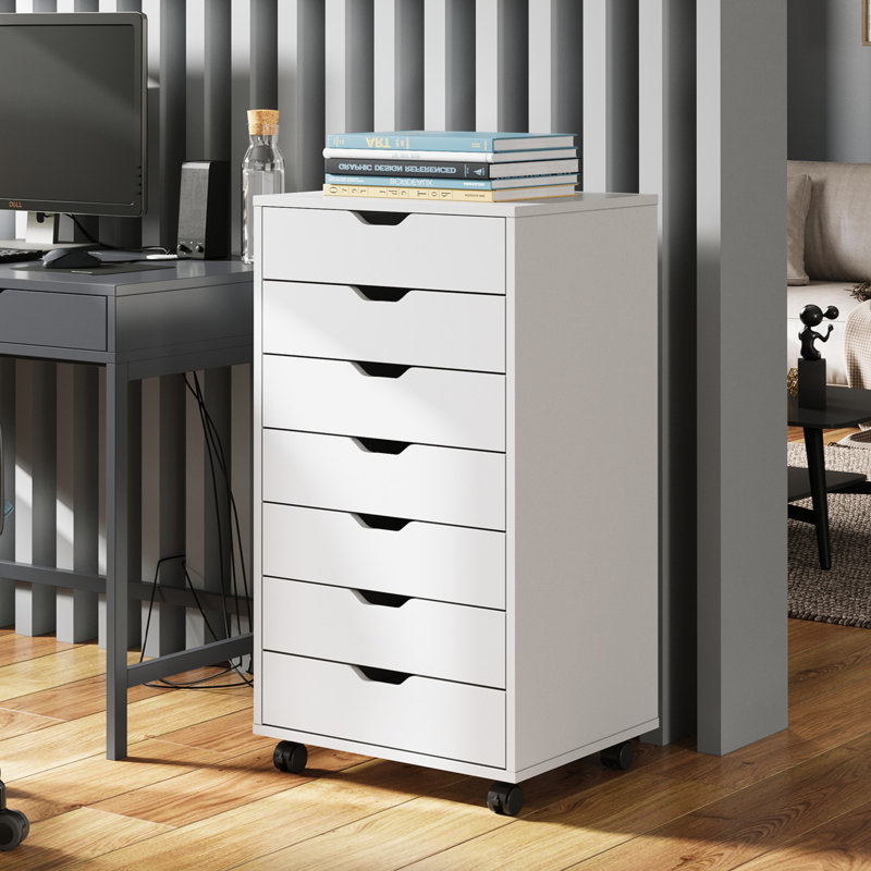 Classeur vertical Cambrie de 48 cm de large avec roulettes verrouillables, meuble en bois pour imprimante, idéal pour le bureau à domicile, classeur blanc à 7 tiroirs