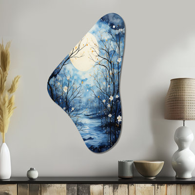 Gwennyth Blue White Tree Moonlit Silhouette I - Trees Boomerang Shape Assymterical Metal Wall Art