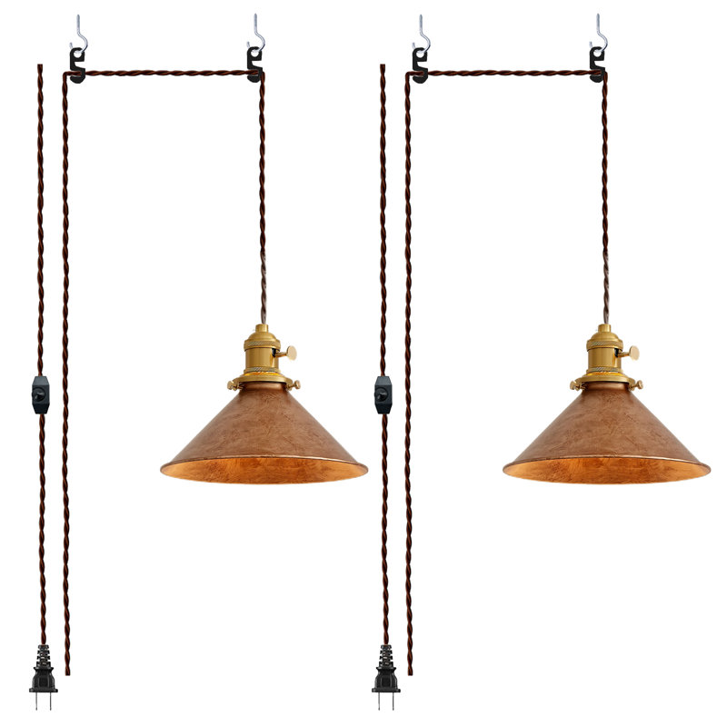 Oyisen Plug in Pendant Light 8.2 Inch Rusted Copper Shade Vintage Industrial Design On/Off Switch 14Ft Adjustable Cord Hanging Lamp Plug in for Living Room,Bedroom Hanging Light 2 Pack