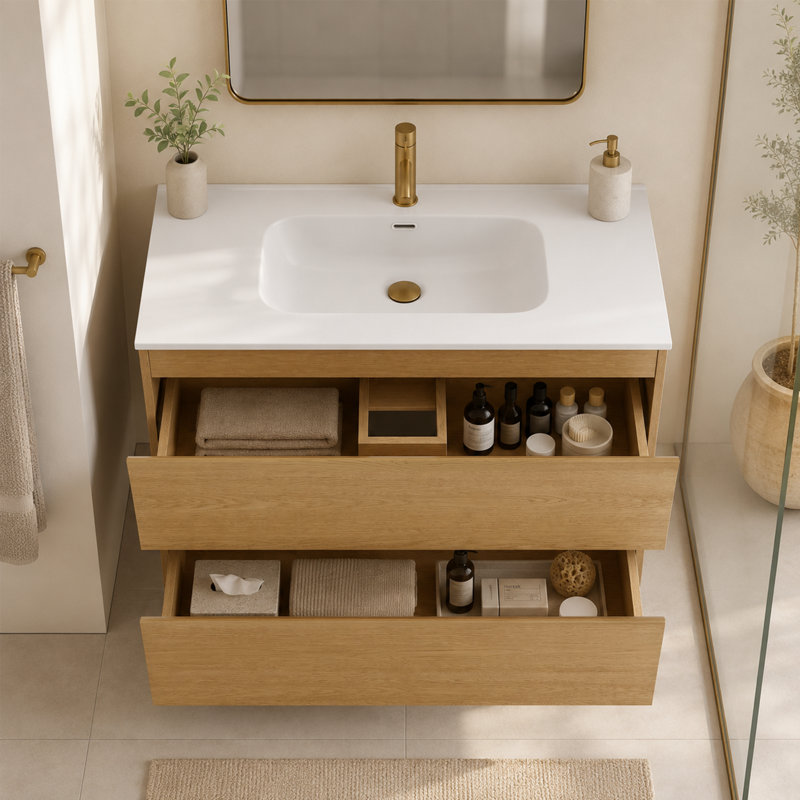 Meuble-lavabo flottant mural 36 po avec lavabo en céramique, noyer naturel, bois massif 36 po, Noyer naturel, 36"