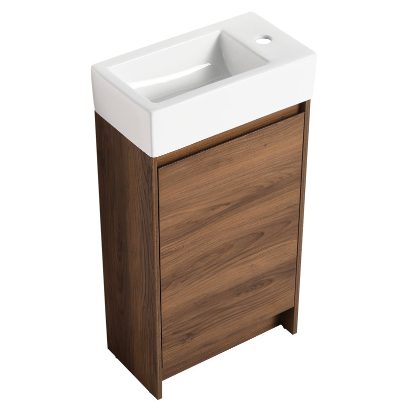 Meuble-lavabo autoportant de 18 po avec lavabo simple. Composition de précision de l'armoire en contreplaqué. Bassin en céramique. Ébène brun pour les petites salles de bain Portes gracieuses à fermeture douce.
