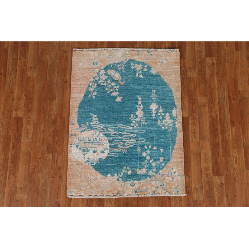 Tapis bleu en laine noué à la main de conception unique 2 pi 11 po x 3 pi 11 po New Age