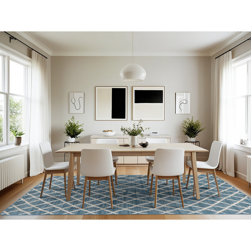 Machine Washable Trellis Blue Area Rug, Rectangle 7' x 10'