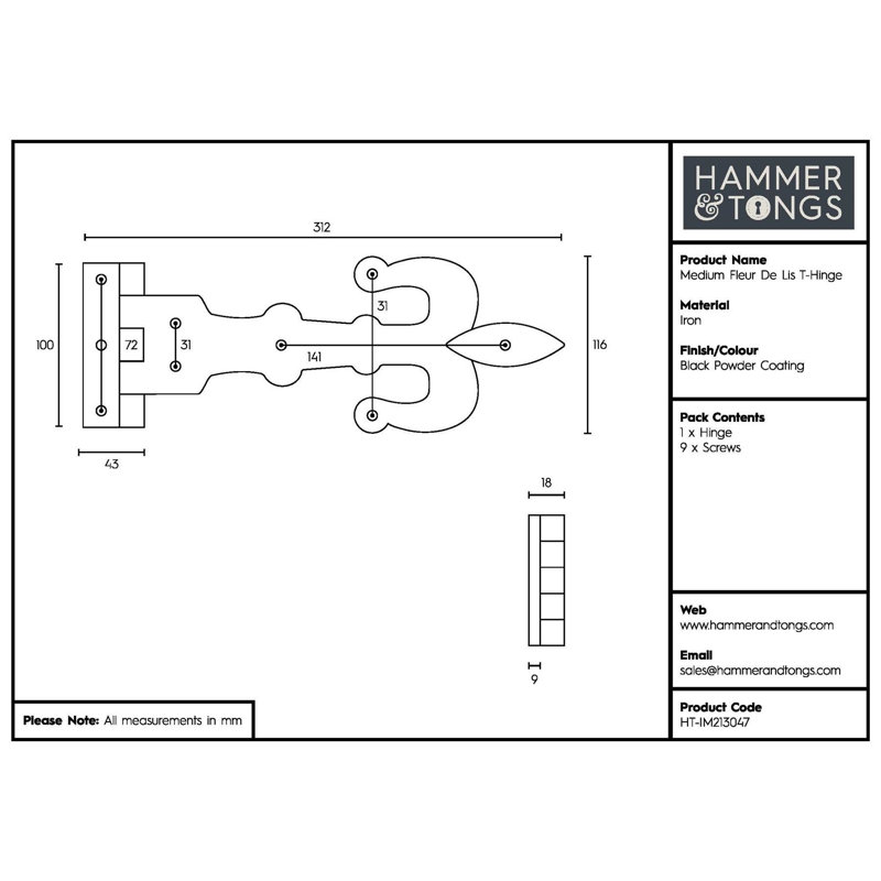Hammer & Tongs - Fleur De Lis T-Hinge - W310mm - Black