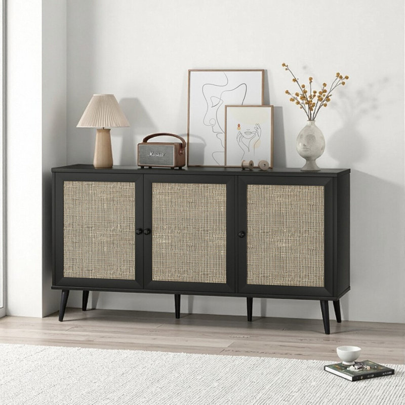 Grand buffet 59 po avec portes en rotin tissé à la main - entrée, console de rangement pour le salon (noir), Noir