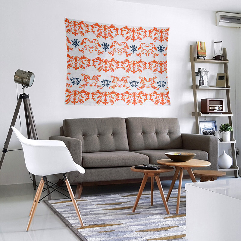 Tapisserie baroque en microfibre de football Denver, Blanc / marine / orange, H 51 po x l 60 po