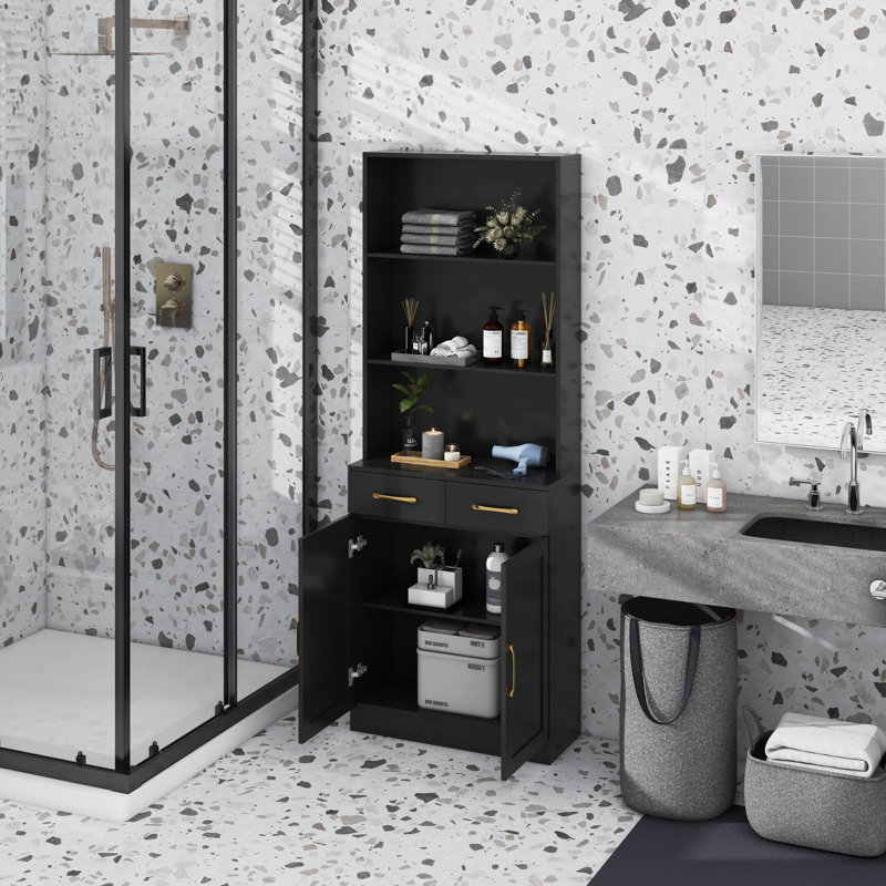 Armoire de rangement de salle de bain avec tiroirs, tablette ouverte à 3 couches, tablette réglable, Noir