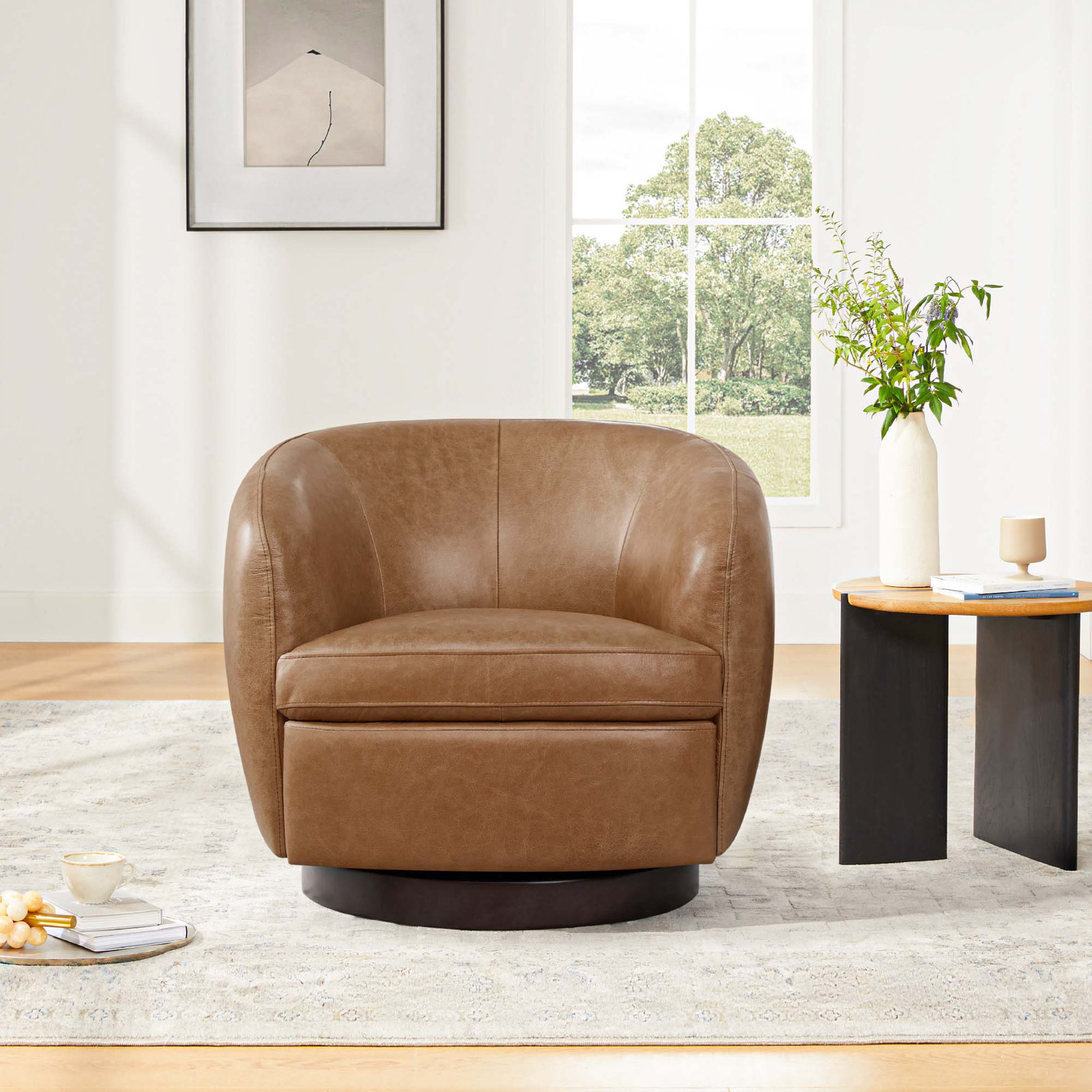 Marcy Genuine Leather Swivel Barrel Chair, Marseille Brown Genuine Leather