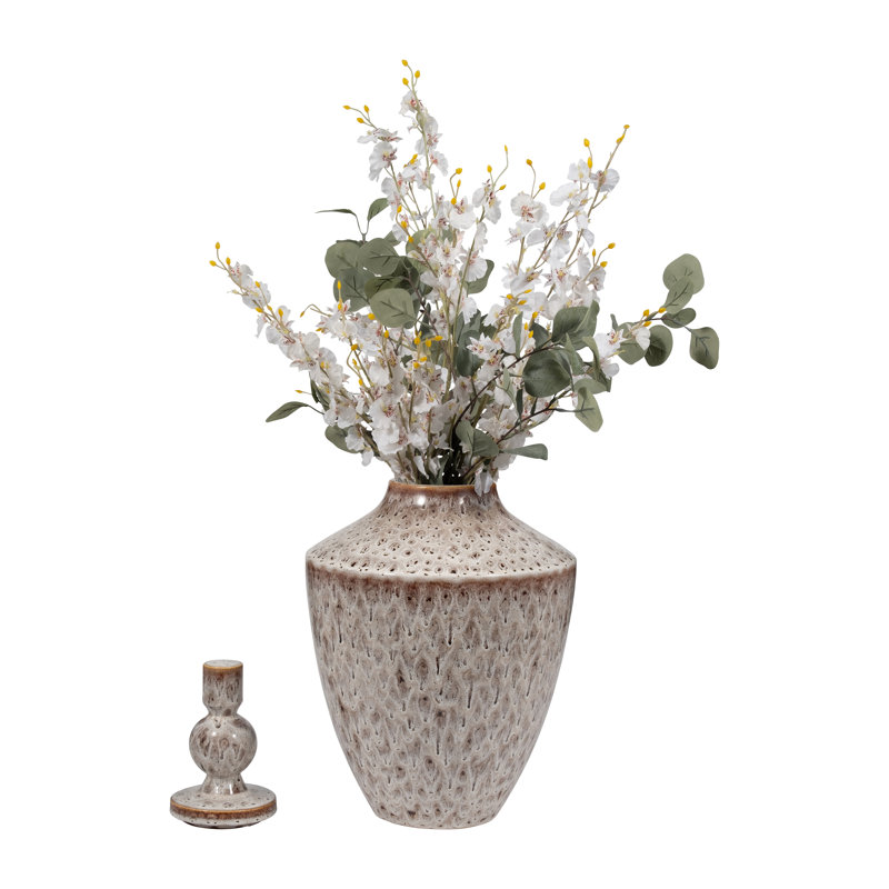 Stoneware Decorative Vase with Textured Design and Removable Lid - Modern Accent Piece, Brown/Beige, 23" H x 12" W x 12" D