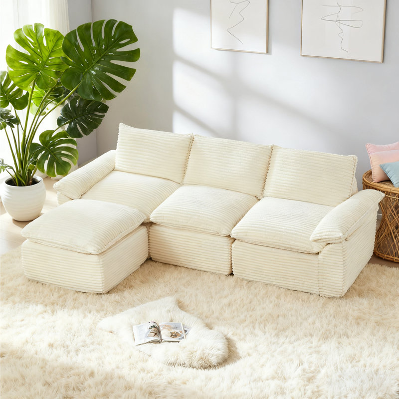 Boneless 111" Wide L-Shaped Corduroy Modular Sectional Sofa With Ottoman, No Assembly Needed, White