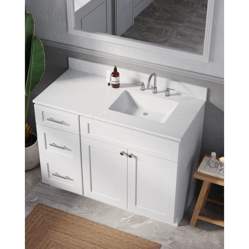 Disar 46'' Single Bathroom Vanity with Quartz Top, Right, White