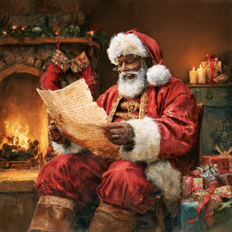 «Santa lecture par le foyer», art mural sur toile, H 40 po x l 40 po