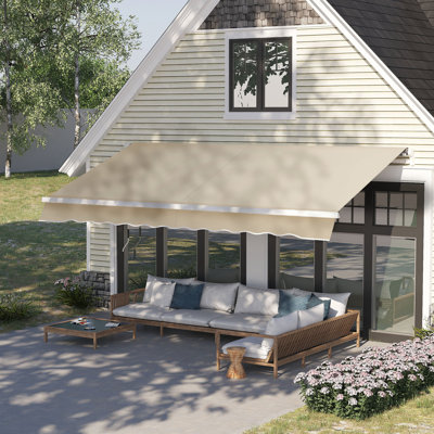 Auvent de terrasse rétractable pour auvent 12 pi x 8 pi, manivelle manuelle, tissu à l'eau 280G / M, structure en aluminium, blanc crème pour terrasse, balcon, cour 8 pi. Abat-jour avec manivelle. Tissu. Cadre. Balcon