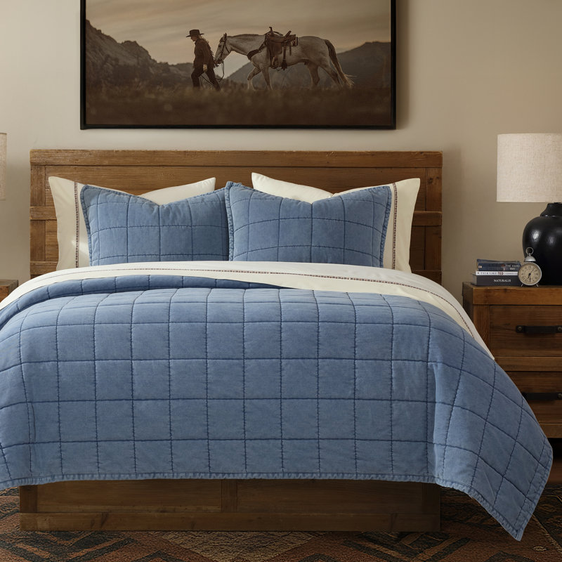 Stonewashed Denim Blue Box Stitch Pattern Chic Casual Modern Rustic Quilt Set, Queen  Quilt + 2 Standard Shams