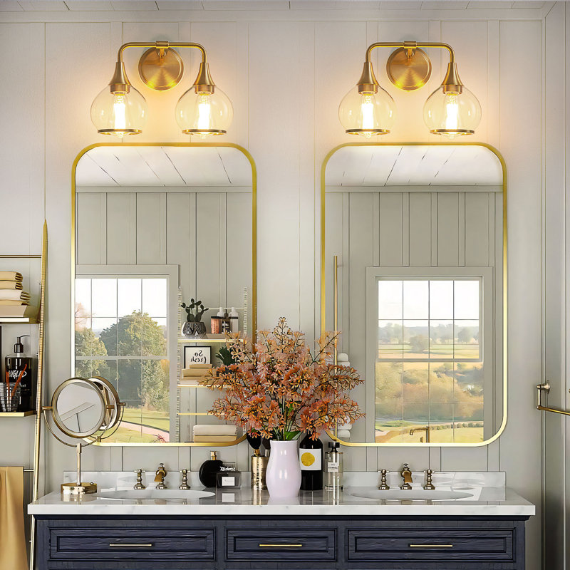Éclairage pour meuble-lavabo à 2 lumières à intensité variable Lupe, Gold Finish/Clear Shade