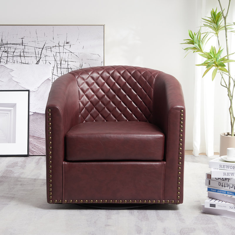 Oscar 29" Wide Tufted Faux Leather Barrel Small Swivel Chair, Red Faux Leather