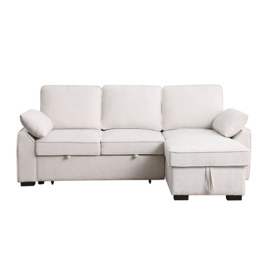 91"W Beige Chenille Fabric Reversible Sleeper Sectional With Storage Chaise, Drop-Down Table, Cup Holders And Charging Ports