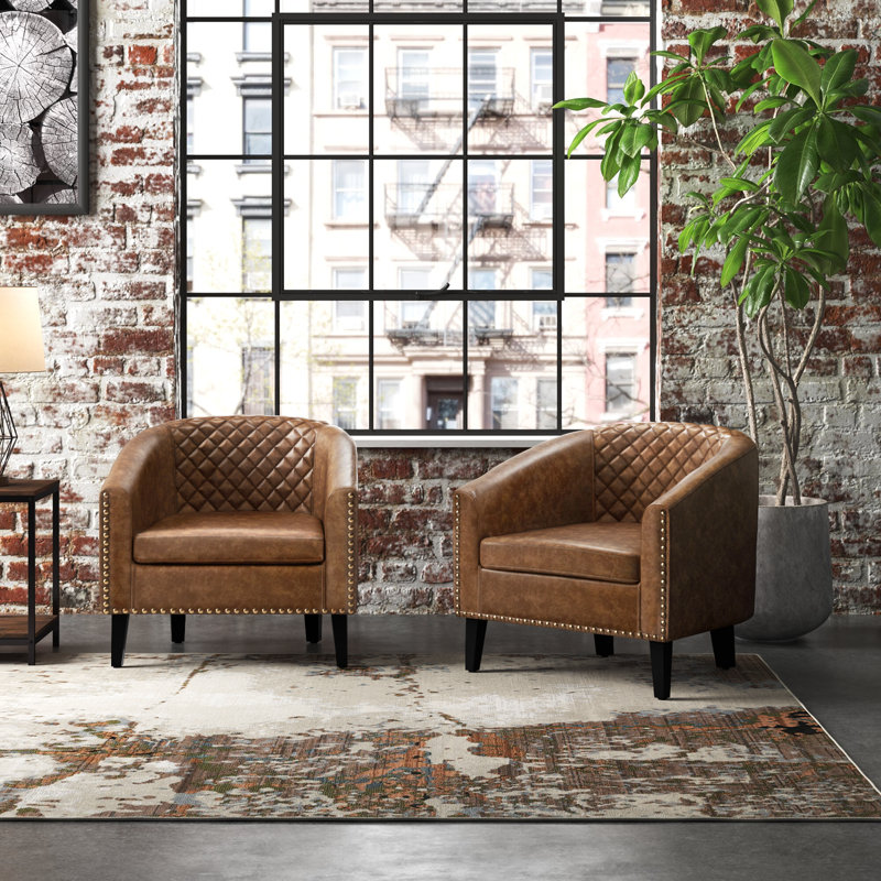 Fauteuil demi-tonneau capitonné 2 pièces Oscar, Similicuir café