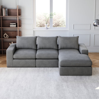 99 - Inch Boneless Corduroy Sectional With Three Pillows, Double Cushion Design For Style, Neck Pillow Extra Support, Slow Rebound High Density Sponge Filling, Iron Reinforced Module, No Installation