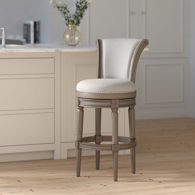 Tabouret de bar pivotant en bois avec haut dossier et options de hauteur convertible, Siège blanc / cadre blanc ivoire