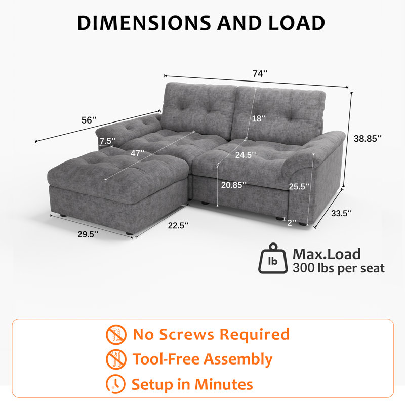 Canapé modulaire 74 po Cloud, Chenille gris pâle, H 38,85 po x l 74 po x P 56 po