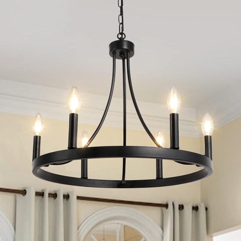 6 - Light Dimmable Wagon Wheel Chandelier, Antique Gray