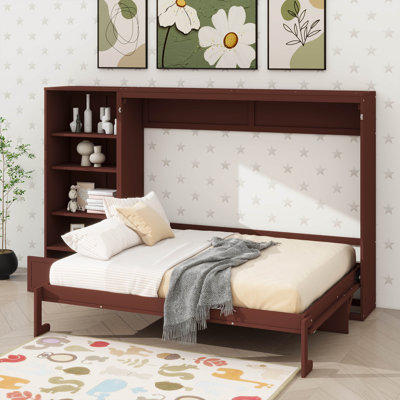 Queen-Size Murphy Bed With Height-Adjustable Storage & Shelf, Wall-Mounted Bed Frame With Single Drawer
