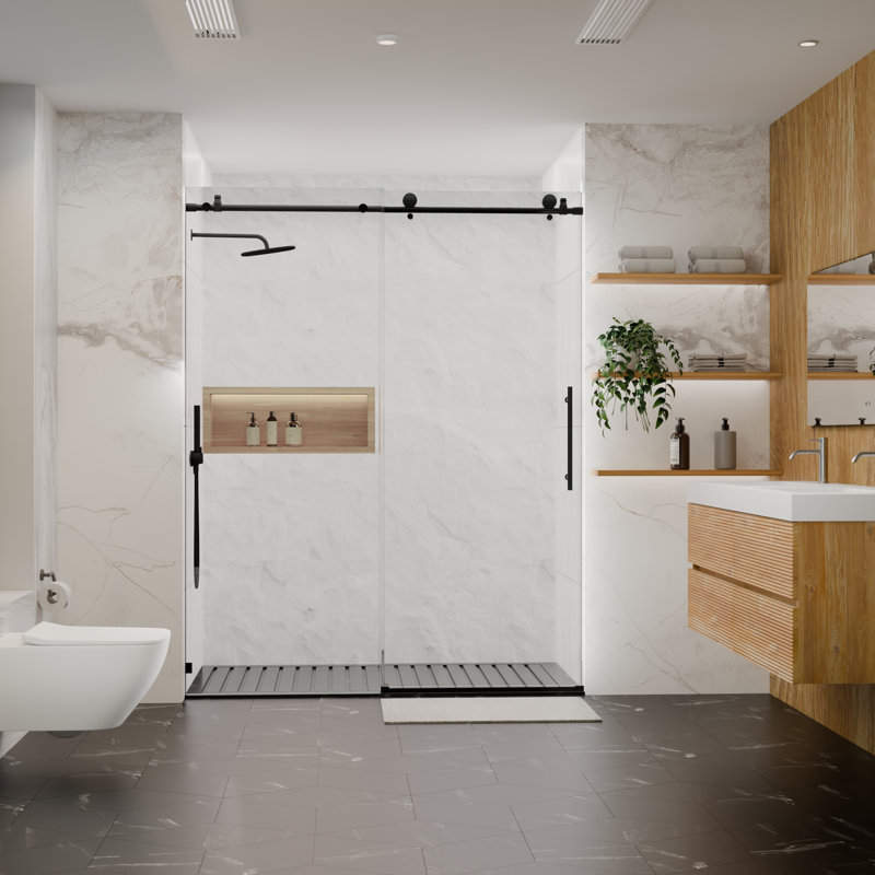 Porte de douche coulissante sans cadre avec verre trempé épais de qualité supérieure Arvalo, Noir mat