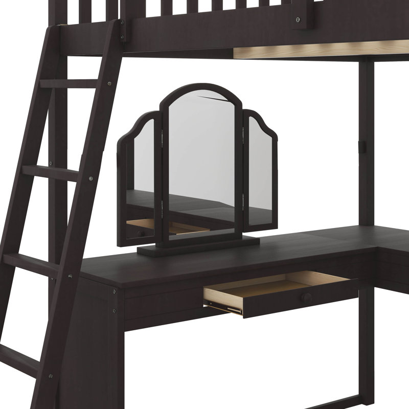 Lit mezzanine spacieux en bois pleine grandeur avec bureau en forme de U et grands compartiments de rangement, Espresso