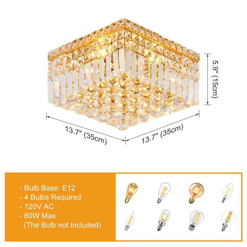  Gold Square Crystal Chandeliers Flush Mount Chandelier Light Fixture With K9 Crystals 4-Light Modern Ceiling Lights Elegant Lamp For Bedroom,Hallway,Bar,Living Room,Dining Room, H5.9Inch X L/W13.7Inch (Bulbs Not Included)