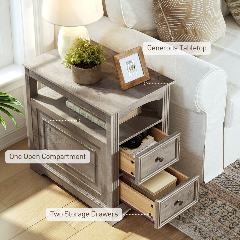 24.6"H Farmhouse End Table with 2 Drawers, Narrow Sofa Side Table with Storage and Open Shelf, Wooden Nightstand, 1