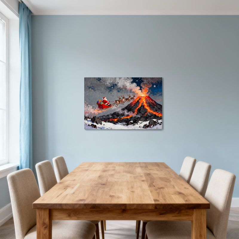 Noël, traîneau du Père Noël, renne, volcan, éruption, paysage enneigé, ciel nocturne