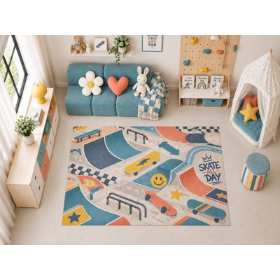 Tapis de sol pour enfants « Ultra Fin » 152 x 213 cm, motif skatepark, rampe de planche à roulettes, décoration amusante pour salle de jeux et chambre, tapis doux pour enfants